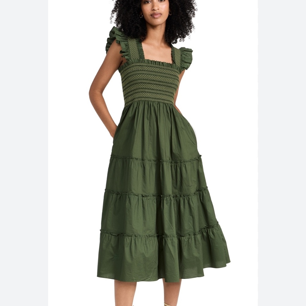 Hill House Olive Green Smocked Midi Dress